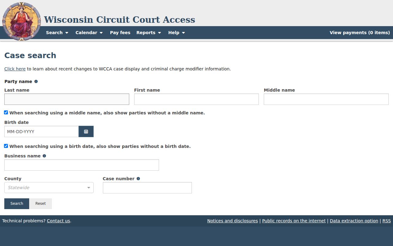 Ashland County criminal docket search screen in WCCA