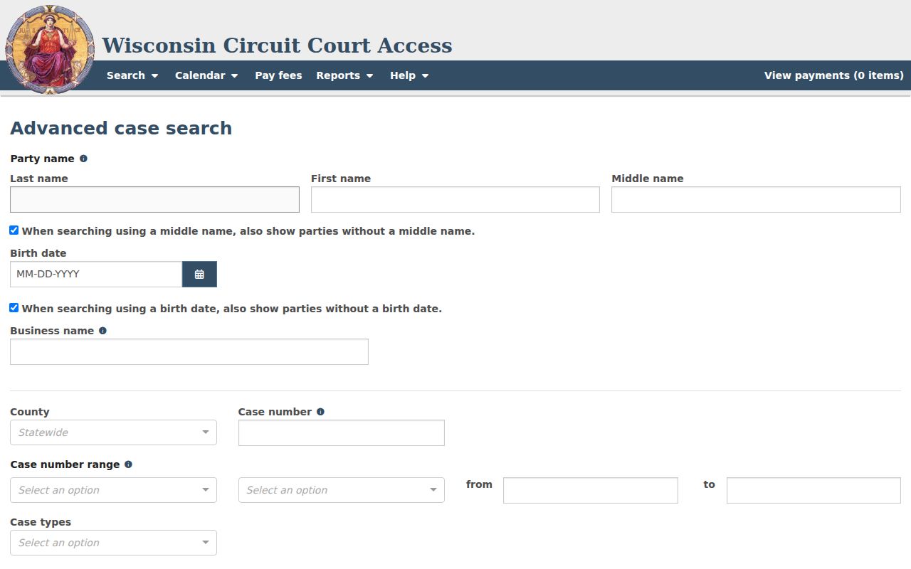 Ashland County court date advanced case search controls
