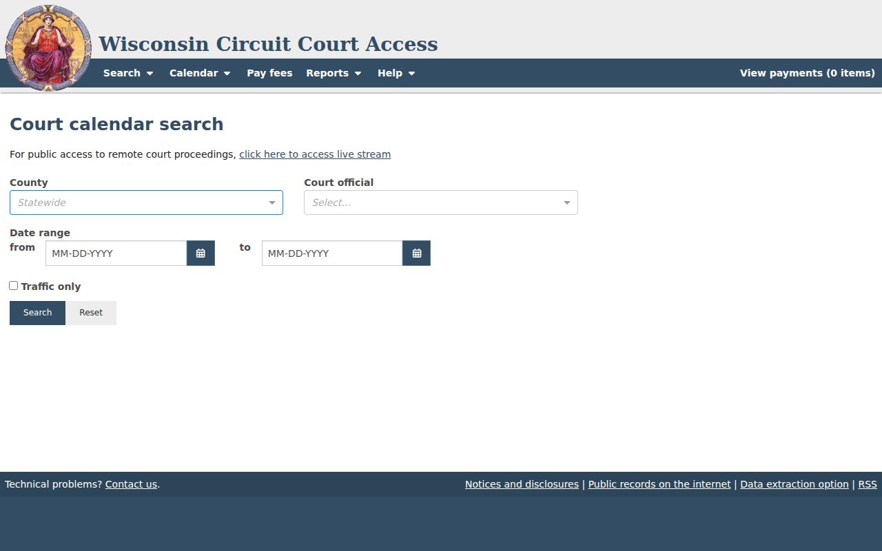 Ashland County court dates in the WCCA official calendar interface