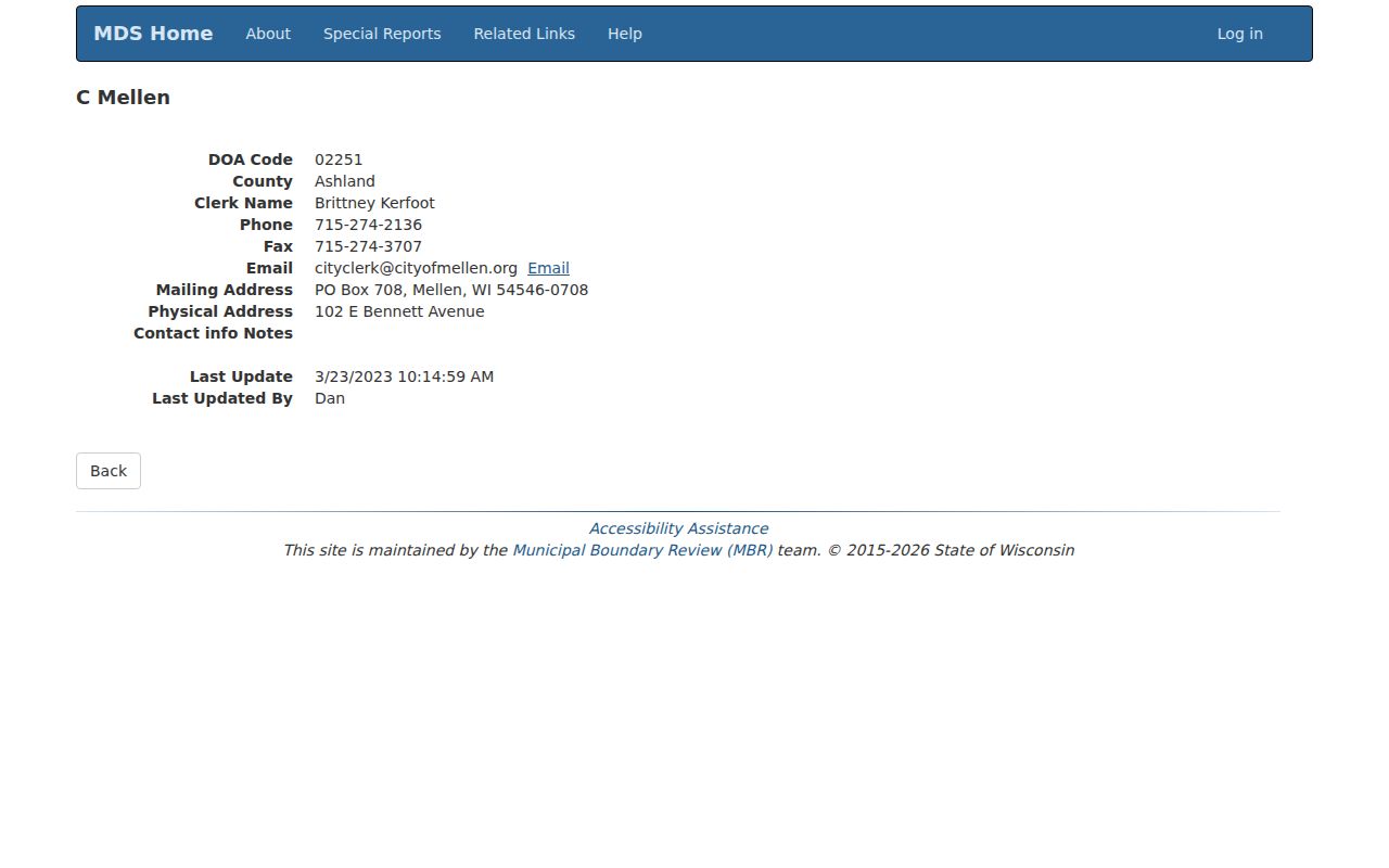 Wisconsin municipal clerk record for Mellen city records